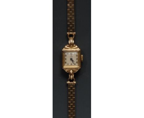 A lady's 9ct gold Tudor Rolex wristwatch, canted rectangular dial, creamy white square face, gilt Arabic numerals, manual win
