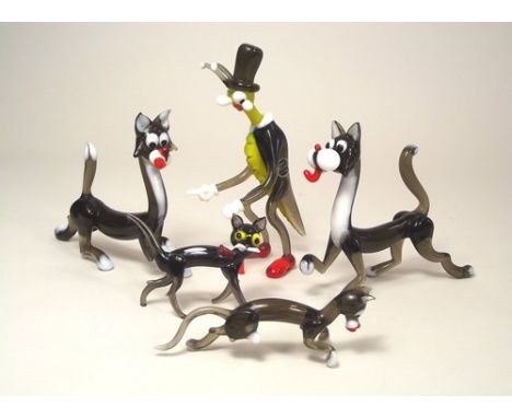 LAMP GLASS ANIMALS.
Five various humorous Pirelli type lamp glass figures, including a cricket with a Pirelli Glass label, he
