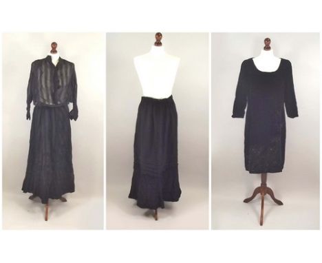 VINTAGE GARMENTS.
A Victorian black tiered skirt, an Edwardian fabric skirt & bodice & a 20th century beaded, black velvet co