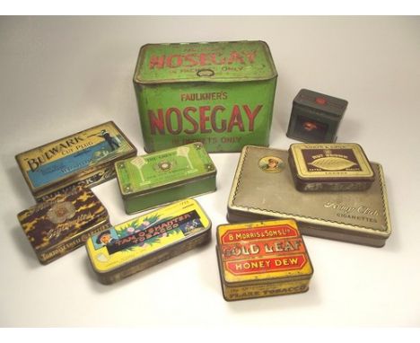 PRINTED TINS.
A collection of nine printed pipe tobacco & cigarette tins & two printed Players cigarette packets.