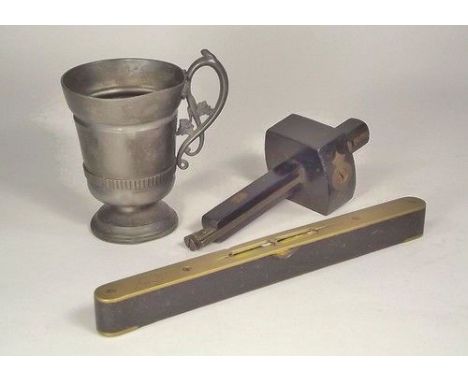 TOOLS ETC.
An ebony & brass marking gauge, a spirit level & a pewter mug.