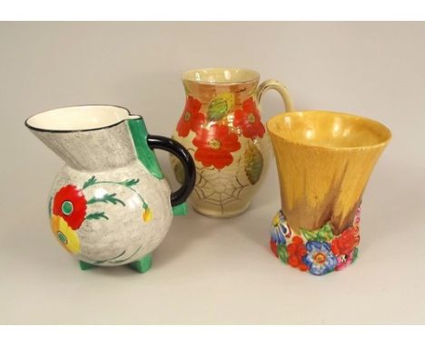 ART DECO CERAMICS.
A Clarice Cliff Art Deco 'My Garden' vase, height 17cm, an Arthur Wood hand painted jug & one other Art De