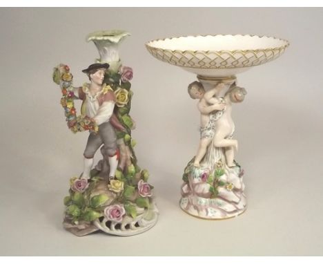 CONTINENTAL PORCELAIN.
A continental porcelain comport, height 26cm & a Schierholz porcelain figural candlestick, height 27cm