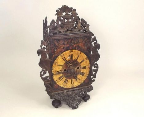 DUTCH FRIESLAND STOELKLOK.
A Dutch Friesland Stoelklok with alarm, four slender baluster turned corner posts, lead crest & ap