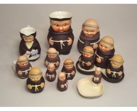 GOEBEL MONKS.
A Goebel monks cruet set, other Goebel monk items & a Goebel lady jug.