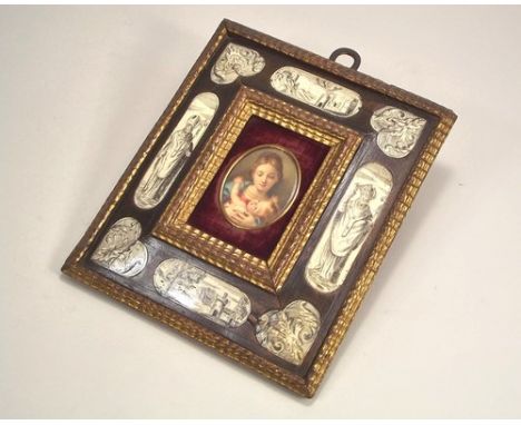 PORTRAIT MINIATURE.
A hand painted portrait miniature in bone veneered frame.
Overall size 22 x 19cm.