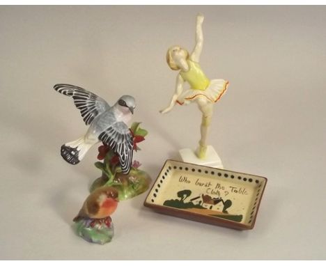 PORCELAIN FIGURES ETC.
A Crown Staffordshire Wheatear, by JG Jones, a Royal Worcester Robin & a Royal Worcester 'Tuesday's Ch