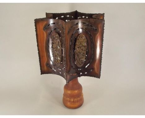 ACCOLAY POTTERY.
A French Accolay pottery lamp base with coppered metal & resin panel shade. Height 60m.