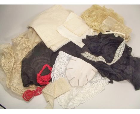 NET LACE ETC.
Net lace trimmings, bobbin lace trimming, a muslin shawl etc.