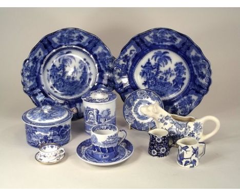 BLUE & WHITE.
A collection of blue & white transfer printed wares, including Spode, George Jones, Burleigh & Crown Devon.