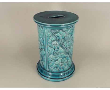 VICTORIAN PEDESTAL.
A Victorian turquoise glazed pedestal with carrying aperture, possibly a small garden seat.
Height 35cm.
