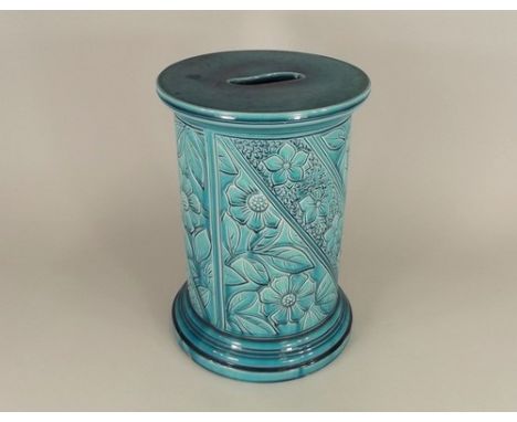 VICTORIAN PEDESTAL.
A Victorian turquoise glazed pedestal with carrying aperture, possibly a small garden seat.
Height 35cm.