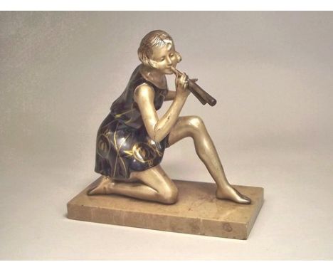 GEO MAXIM FIGURE.
An Art Deco patinated spelter, girl with pipe figure, on marble base, impressed signature.
Width 20cm, heig