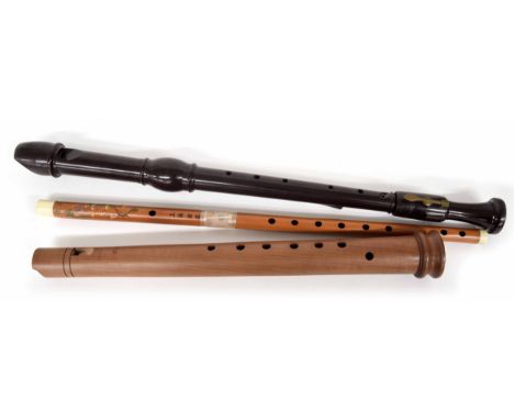 Contemporary Ganassi renaissance style recorder, 18 1/2" long; also a contemporary Dolmetsch tenor recorder and a Chinese flu