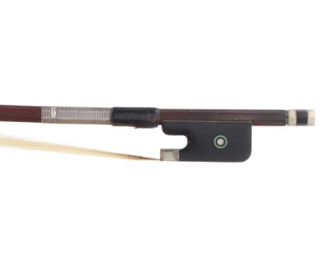 German nickel mounted violoncello bow by and stamped R. Paesold, the stick octagonal, the frog inlaid with nickel rings enclo