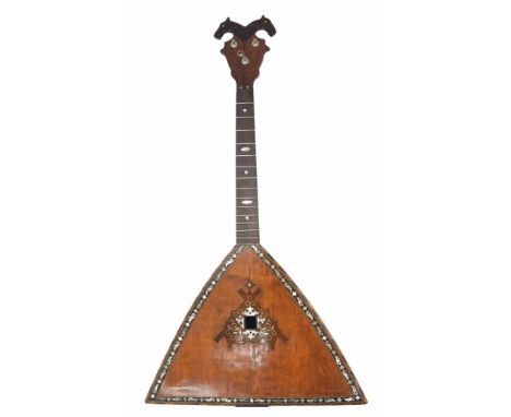 Old decorative piccolo balalaika, with rosewood segmented back, chevron and stylised mother of pearl banded spruce table, the