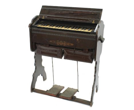 Late Victorian/Edwardian portable harmonium inscribed J.M. Hay, Sterling,&nbsp;upon foliate inlaid cheval supports united by 