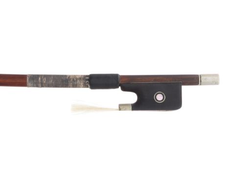 French nickel mounted violoncello bow by and stamped Cuniot-Hury, the stick round, the ebony frog inlaid with nickel rings en