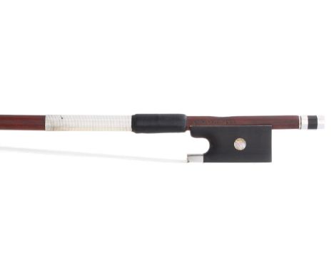 Fine French silver mounted violin bow by and stamped F.N. Voirin á Paris, the stick round, the ebony frog inlaid with pearl e