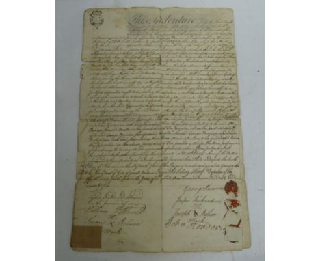 Haydon Bridge. Indenture.&nbsp;&nbsp;Manuscript indenture, Joseph Robson, Cooper's apprentice. Signature &amp; seals. Folded 