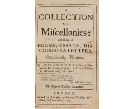 Cambridge Platonist.- Norris (John) A Collection of miscellanies: consisting of poems, essays, discourses &amp; letters, occa