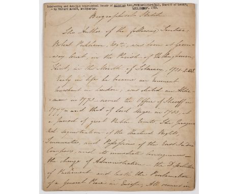Lord Mayor of London.- [Almack (Richard, solicitor and antiquary, 1799-1875)] Biographical Sketch [of Robert Peckham, Sheriff