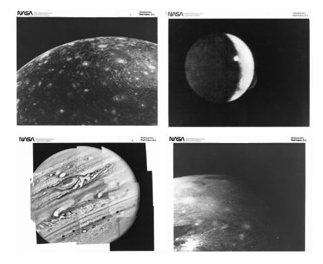 Space.- Jupiter and its moons (Callisto, Europa, Io, Ganymede), Voyager I, 1979; vintage gelatin silver prints on fibre-based