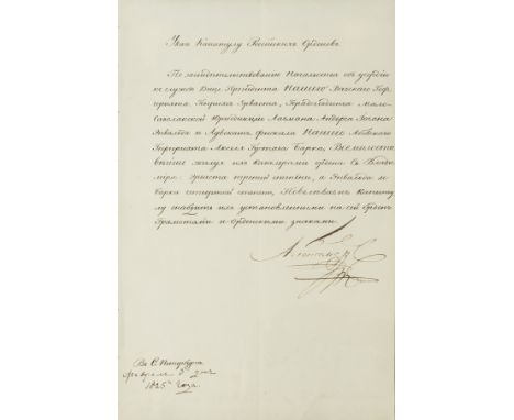 Tsar of Russia.- Alexander I (Emperor of Russia, 1777-1825)  Imperial decree bestowing the rank of cavalier on  three recipie
