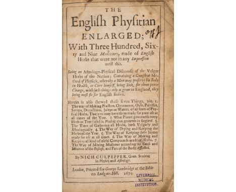 Herbal.- Culpeper (Nicholas) The English Physitian Enlarged; With Three Hundred, Sixty and Nine Medicines, made of English He