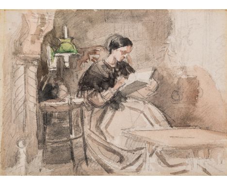 Woman artist.- Marchioness of Waterford (Louisa Anne Beresford, 1818-1891) Lady seated reading in an interior, pencil and wat