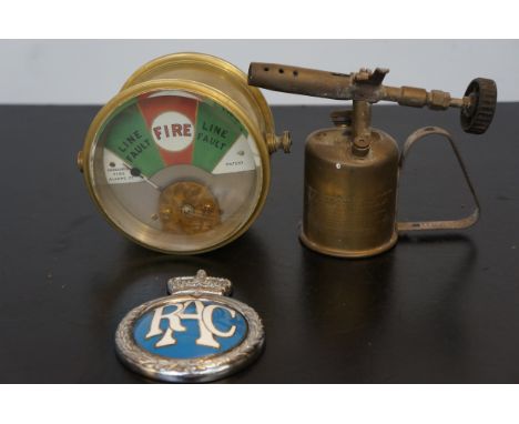 Small Swedish blow lamp, heavy brass fire indictor &amp; RAC badge