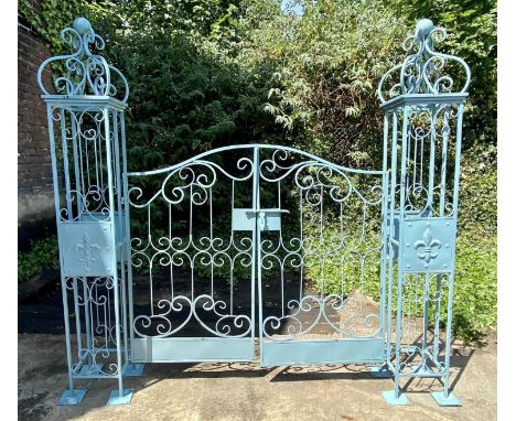 ARCHITECTURAL GARDEN GATES, 168cm high, 166cm wide, 23cm wide, Regency style, turquoise painted. 
