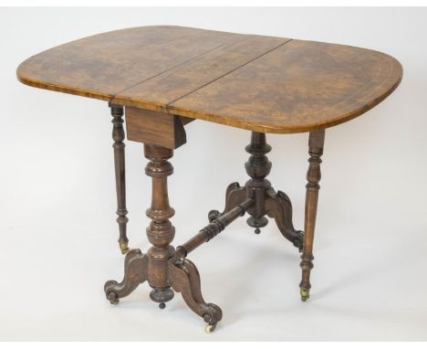 SMALL SUTHERLAND TABLE, 56cm H x 17cm x 61cm, 86cm open, Victorian burr walnut, walnut and inlaid circa 1860 on ceramic casto