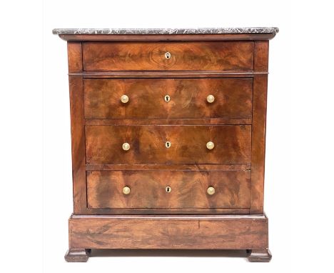 COMMODE, 19th French Louis Philippe flame mahogany of small proportions with St Anne's marble top and four drawers, 84cm x 50