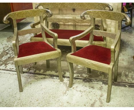 SOFA, 85cm H x 118cm, Anglo Indian metal clad and a pair of matching armchairs all with red velvet seats. (3) 