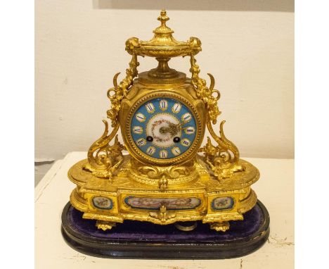 MANTLE CLOCK, 19th century French Japy Fils (c 1844-1849) cast gilt metal with sevres style, blue white and gilt plaques with