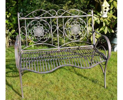 GARDEN BENCH, Regency style, distressed metal frame, 98cm x 110cm x 67cm. 