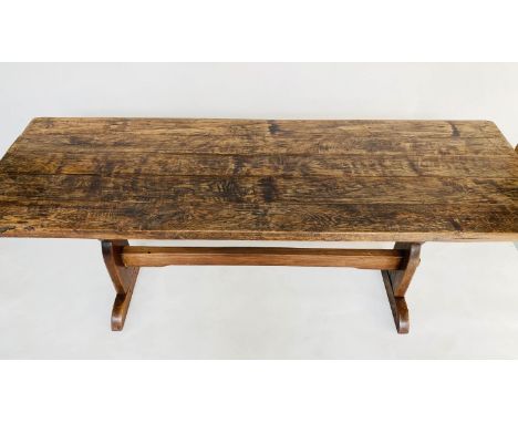 REFECTORY TABLE, vintage traditional oak, with planked top and twin trestle supports, 182cm W x 61cm D x 72cm H. 