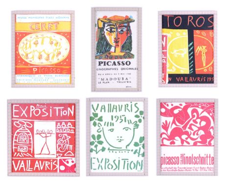 PABLO PICASSO, six vintage fabric/textile print of posters, ref. Spadem, 24cm x 31cm, bobbin frames. (6)