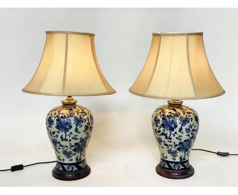 TABLE LAMPS, a pair, Chinese blue and white ceramic  of vase form with shades, 48cm H. (2) 