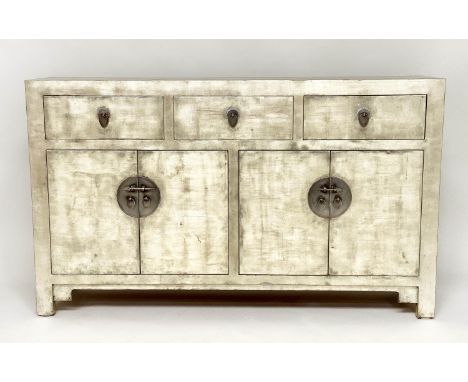 CHINESE SIDE CABINET, Chinese silver gilt lacquered with three drawers and four panelled doors, 141cm x 33cm D x 84cm H. 