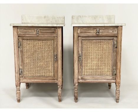 BEDSIDE CABINETS, a pair, Aesthetic bleached walnut and cane panelled each with drawer, panelled door and marble, 48cm x 48cm