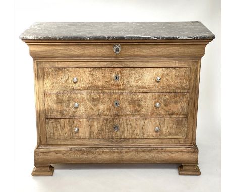 COMMODE, 19th century French figured walnut and silvered metal with four long drawers and variegated St Anne's grey/white mar