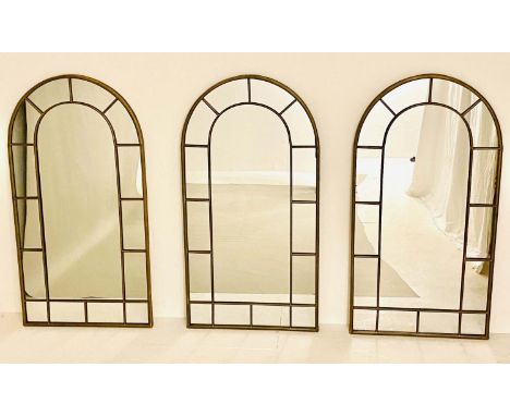 ARCHITECTURAL WALL MIRRORS, a set of three, frames regency style, bronzed finish metal 107cm x 55cm. 