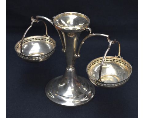 An Edwardian silver epergne centre-piece, the central trumpet form vase raised on a spreading moulded circular foot engraved 