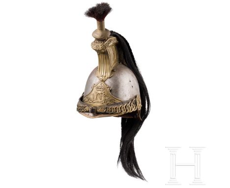 Helm für Mannschaften der Dragoner der Kaiserlichen Garde, Zweites Kaiserreich  Eiserne Glocke (rostig) mit Buntmetallbeschlä