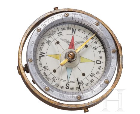 Flüssigkeitsgelagerter Rumpfkompass eines deutschen Militärflugzeugs, 1914 - 1918  Schweres nichtmagnetisches Metallgehäuse, 