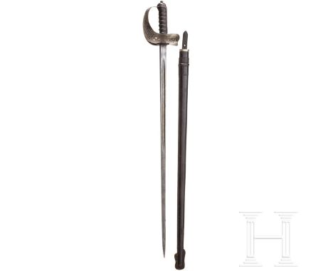 Säbel M 1897 für Offiziere der Infanterie  Kräftige, beidseitig gekehlte Rückenklinge mit zweischneidiger Mittelspitze, an de