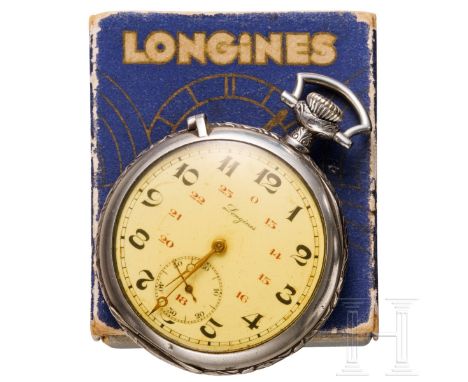 Taschenuhr der Marke Longines als Schießpreis  Silbernes Gehäuse, innen datiert "1912", Zifferblatt mit schwarzen arabischen 