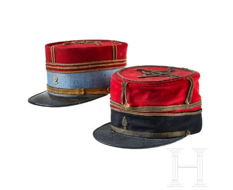 Two Kepi Caps for a French Cuirassier Officer and a French Officer of St. Cyr Cavalry School  Cuirassier cap body in red wool